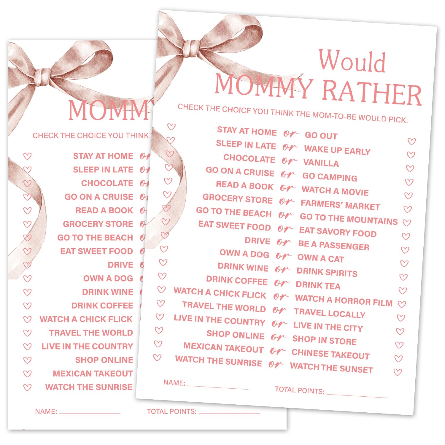 TRKAE Would Mommy Rather Baby Shower Games Set, 30 Pink Bow Baby Shower Party Game Cards, Gender Reveal Party Announcement & Activities Supplies -P15