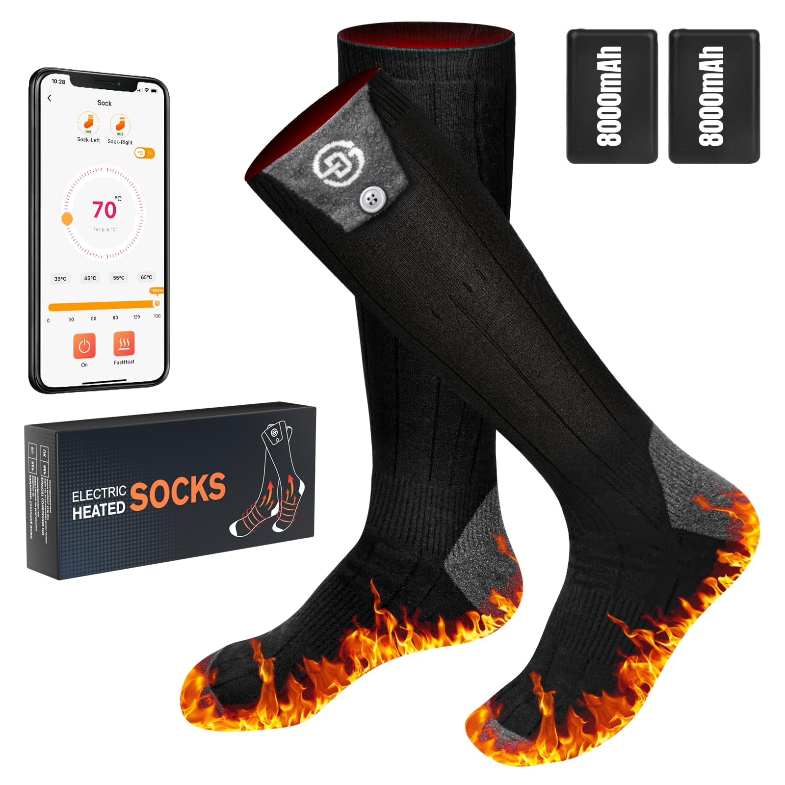 Calze Riscaldate a Batteria 8000mAh Calzini Riscaldanti Unisex con 4 Temperature Calze Riscaldanti Scaldapiedi Elettrico Con Controllo App Lavabili per Sci, Campeggio, Escursioni, Ciclismo