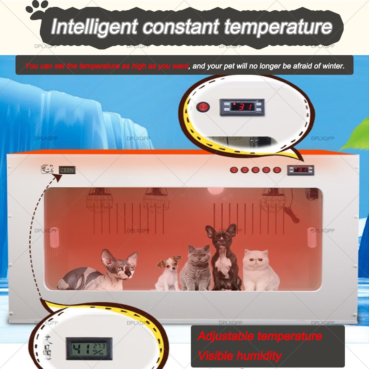 Caja de entrega de mascotas para perros y gatos, incubadora de cachorros y gatitos recién nacidos con monitor de temperatura y humedad, calentador de cerámica, ventilación de aire, panel de