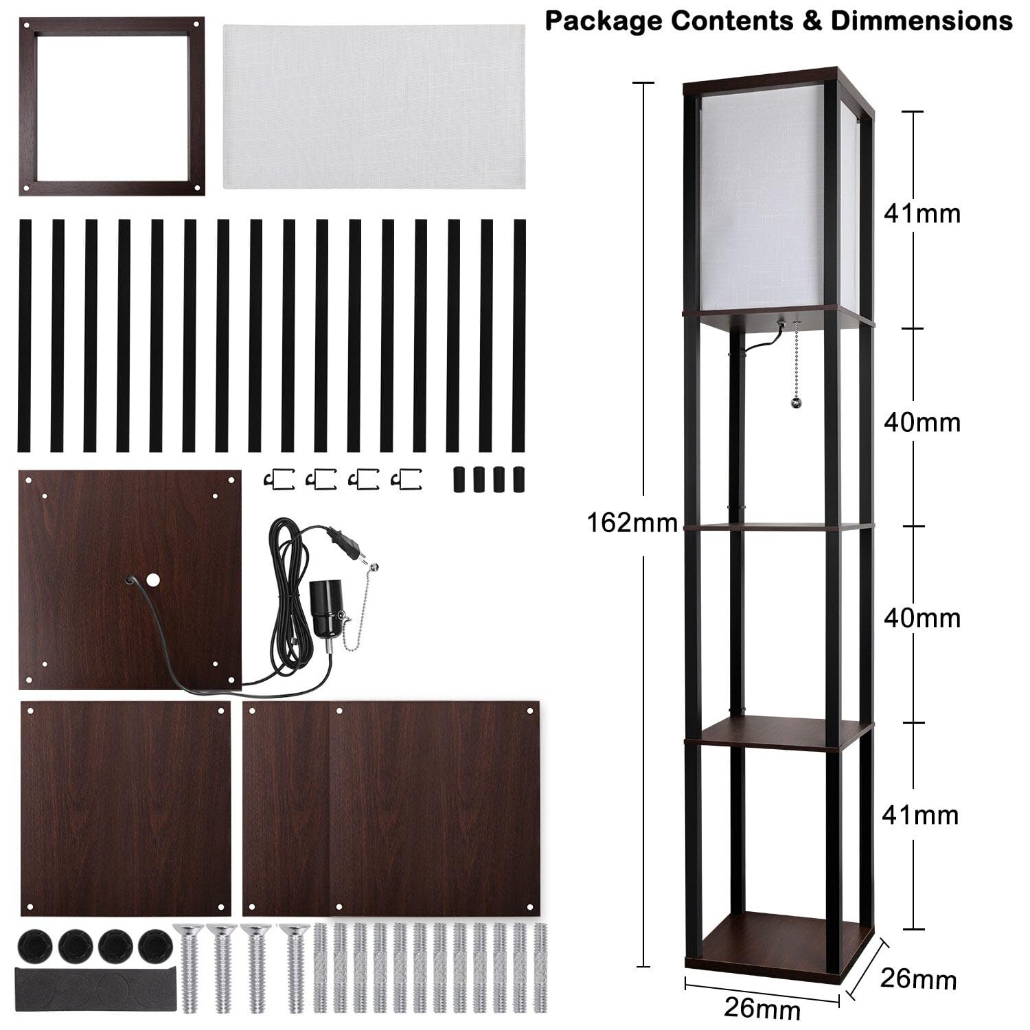 Lampa stojąca LED z drewna, brązowa lampa stojąca z półką, lampa podłogowa z drewnianą półką z 3 temperaturami barwowymi, żarówka E27, oświetlenie retro z oprawką E27 do salonu, biura, sypialni