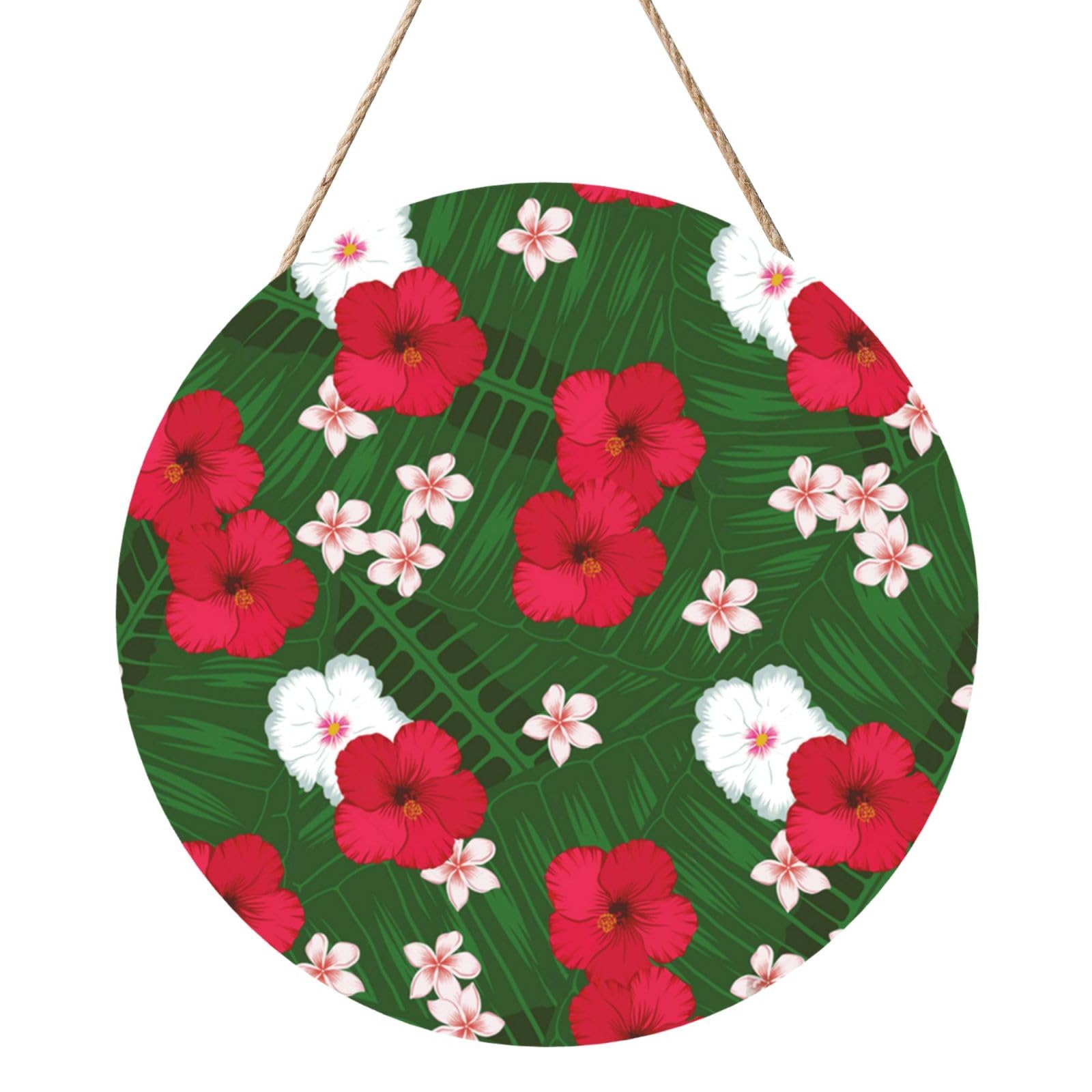 InOmak Plumeria Hibiscus Green Leaves Background, Round Wood Panel Painting 12 in, Wall Hanging Painting For Home
