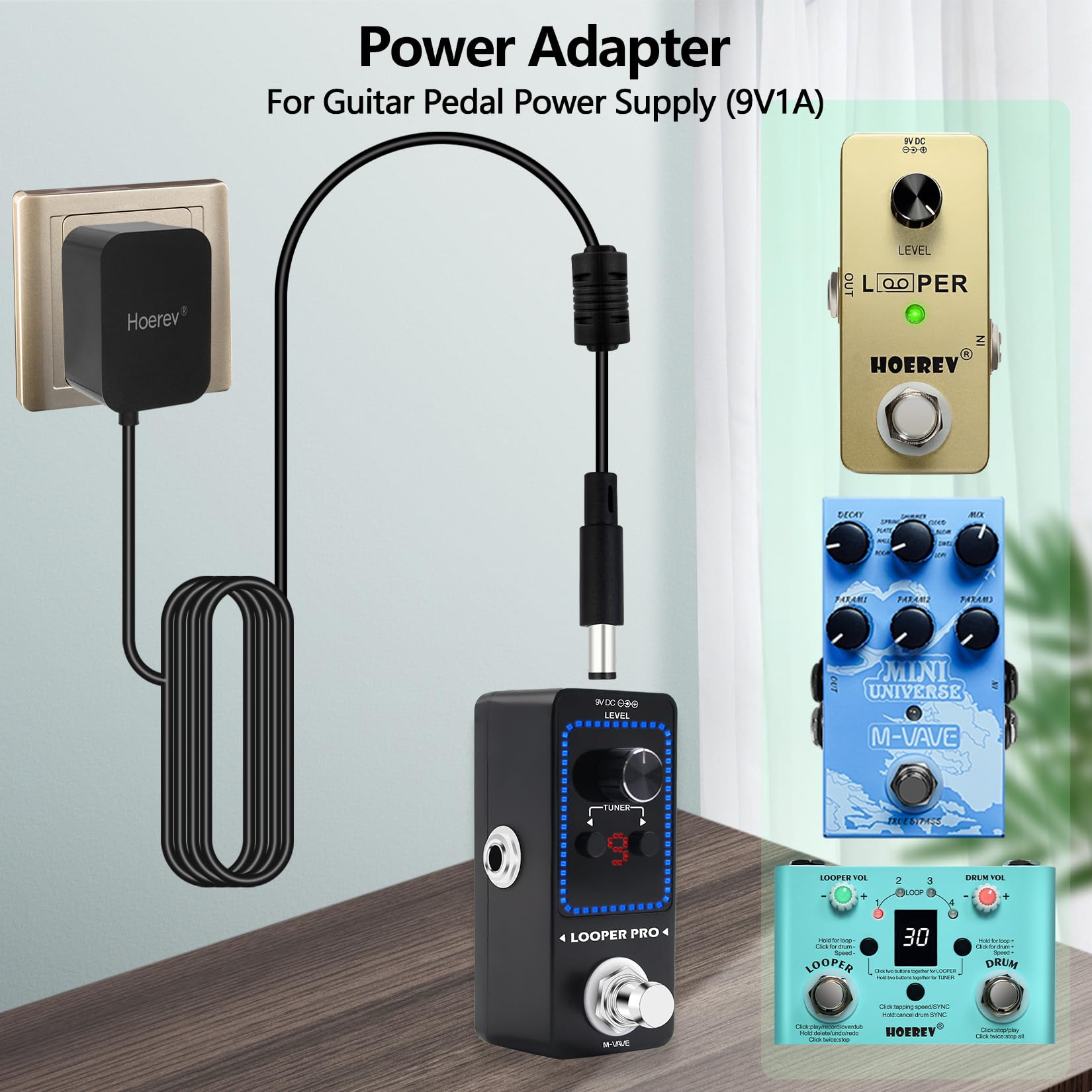 HOEREV gitarowy zasilacz sieciowy 9 V DC kabel sieciowy prąd 1 A 1000 mA końcówka ujemna do pedału gitarowego zasilacz (9V1A), EU, EU 9V1A 5 wtyczek