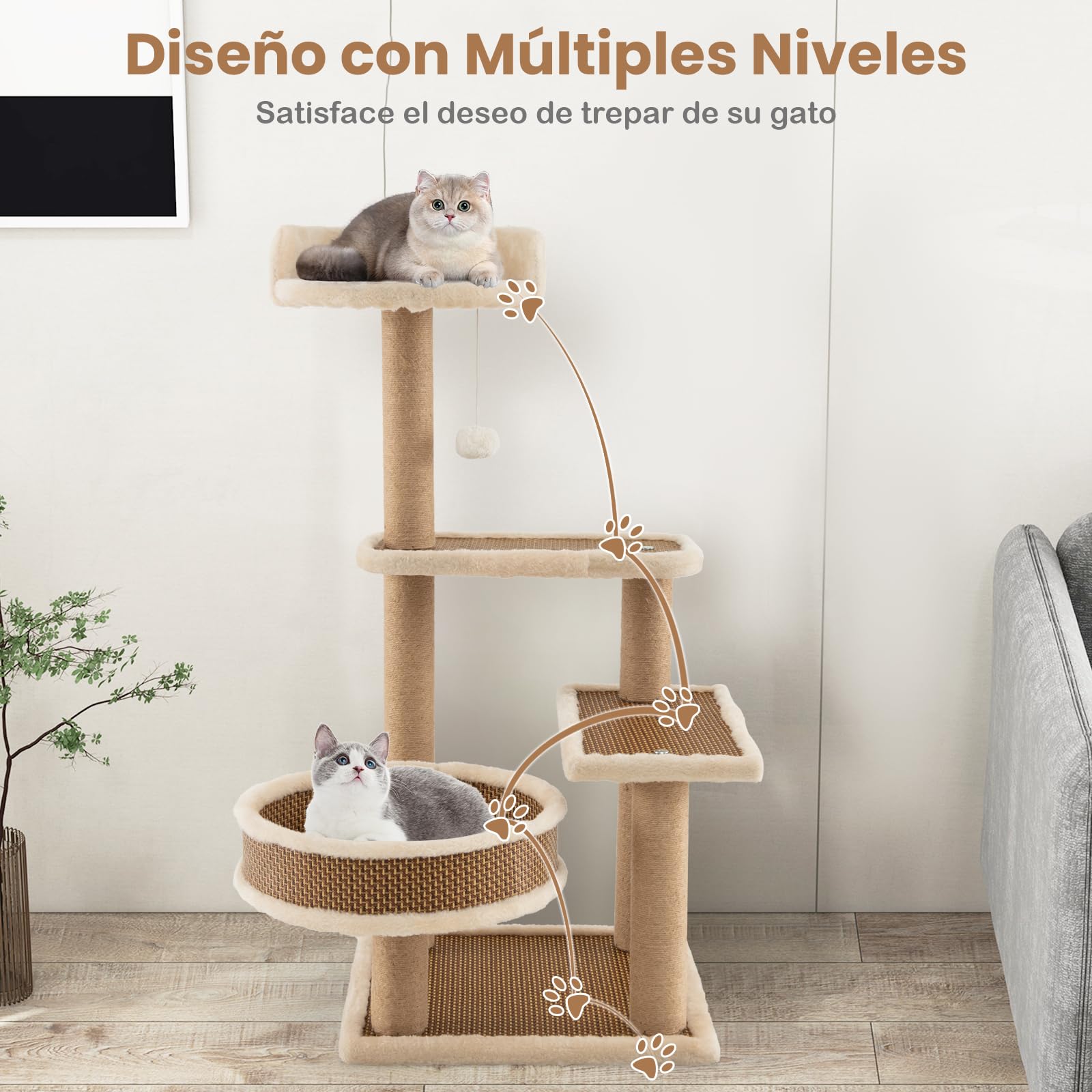 COSTWAY Torre para Gatos de Ratán, Árbol para Gatos de Interior con 3 Juguetes Colgantes, Árbol Rascador, Plataforma, Cama Espaciosa, Centro de Actividades con Tapete de Felpa (40 x 40 x 90 cm)