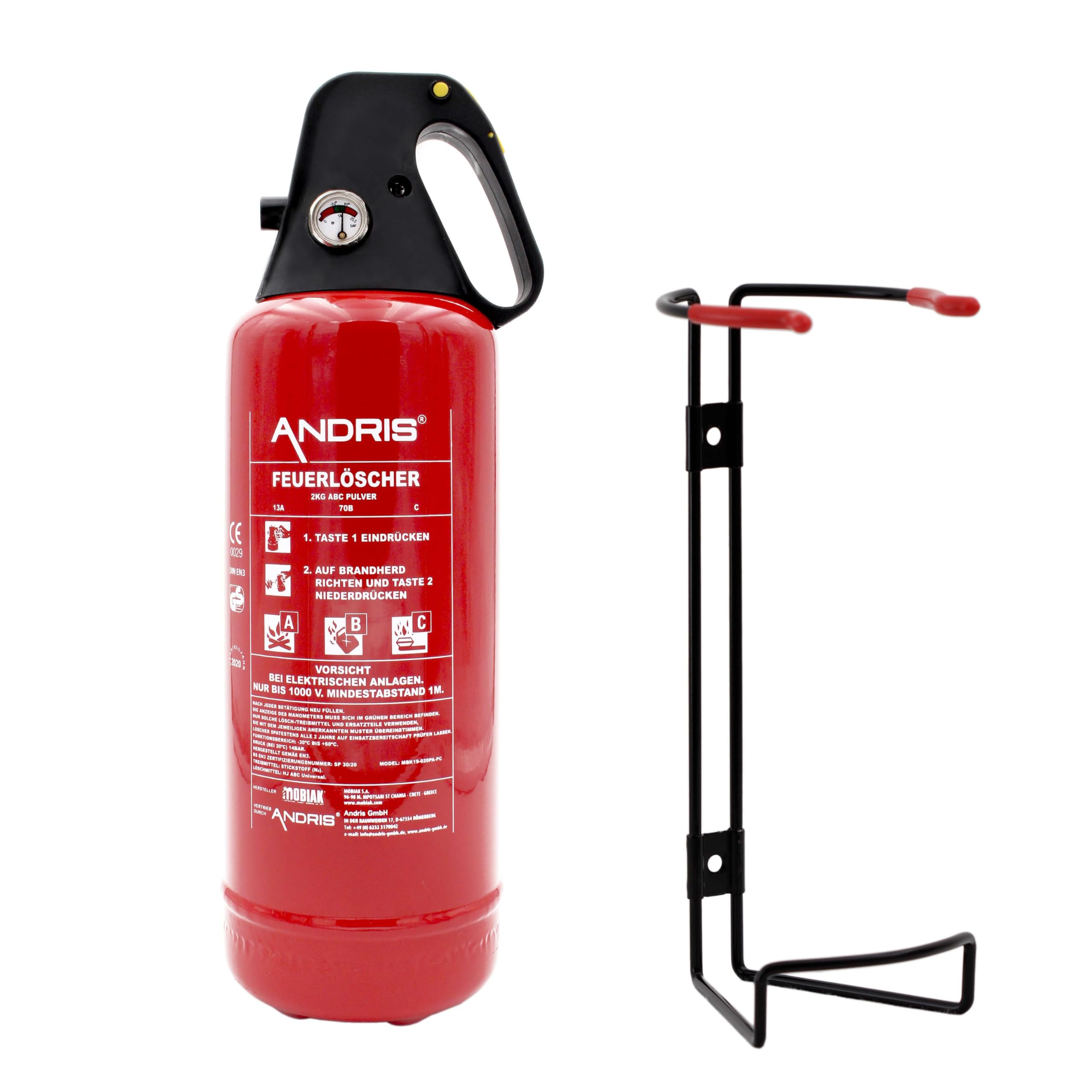 Auto Feuerlöscher 2kg ABC Pulver mit praktischer Griffhaube und KFZ Halter EN3, inkl. ANDRIS® Prüfnachweis