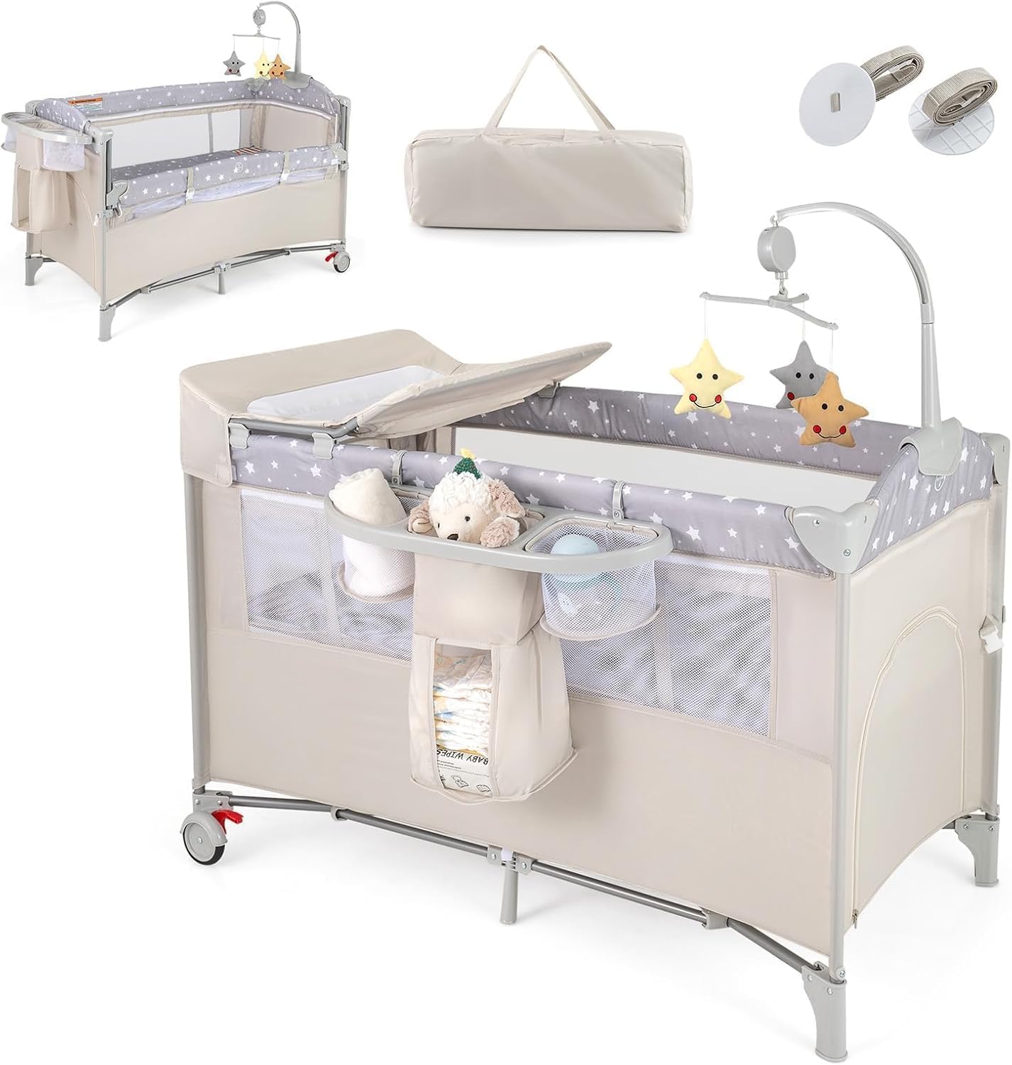 RELAX4LIFE 5 en 1 Cuna Infantil Bebe con 2 Ruedas Bloqueables, Cambiador, Correa Fijación, Caja de Música y 3 Juguetes Colgantes, Cuna con Colchón y Bolsa de Transporte para Bebés 0-36 Meses (Beige)