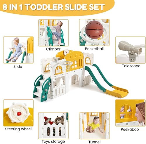 Miniatura 2 de GAOMON Zona de juegos para niños pequeños 8 en 1, tobogán interior para niños pequeños de 1 a 3 años, parque infantil al aire libre con tobogán, aro