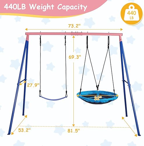Miniatura 2 de Columpios para exteriores para niños, 440 libras, soporte de columpio de metal resistente con marco en A, 1 platillo y 1 asiento de columpio para