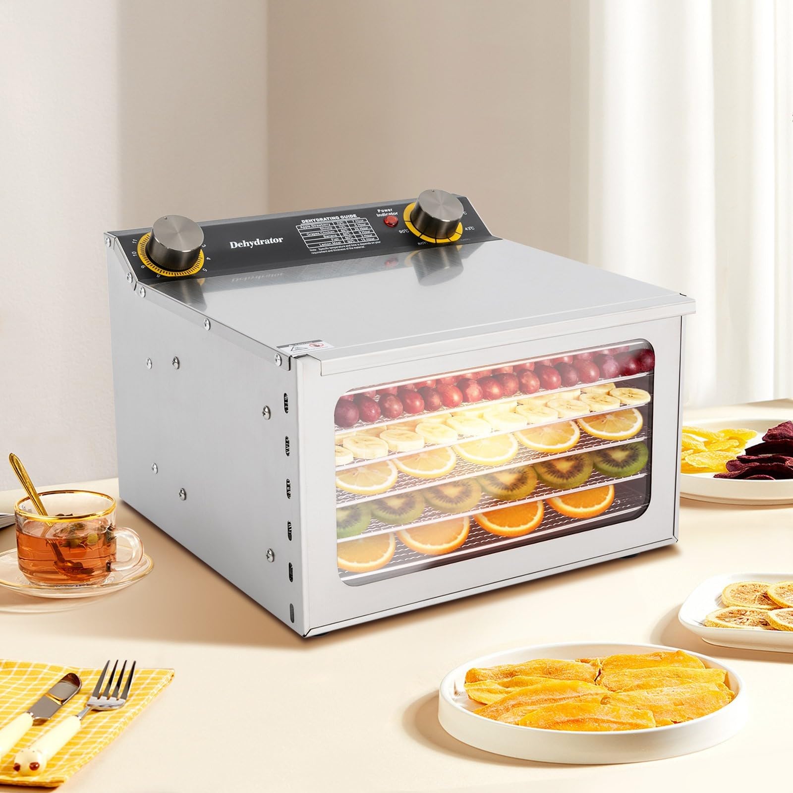 Suszarka ze stali nierdzewnej, z 6 wkładkami kratkowymi, do suszenia żywności, 400 W, regulacja temperatury do owoców, warzyw, mięsa, zastosowań kuchennych