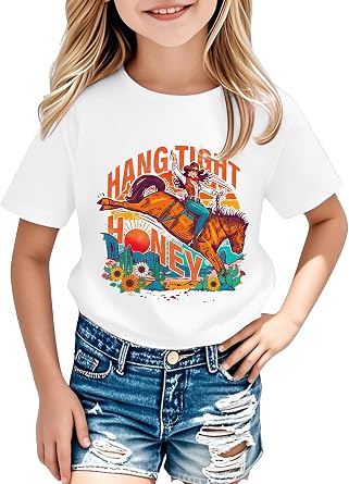 Girls Western Cowgirl T-Shirts - Cute Horse Shirts Kids Country Short Sleeve Tops Hang Tight Honey Rodeo Cowboy Tee
