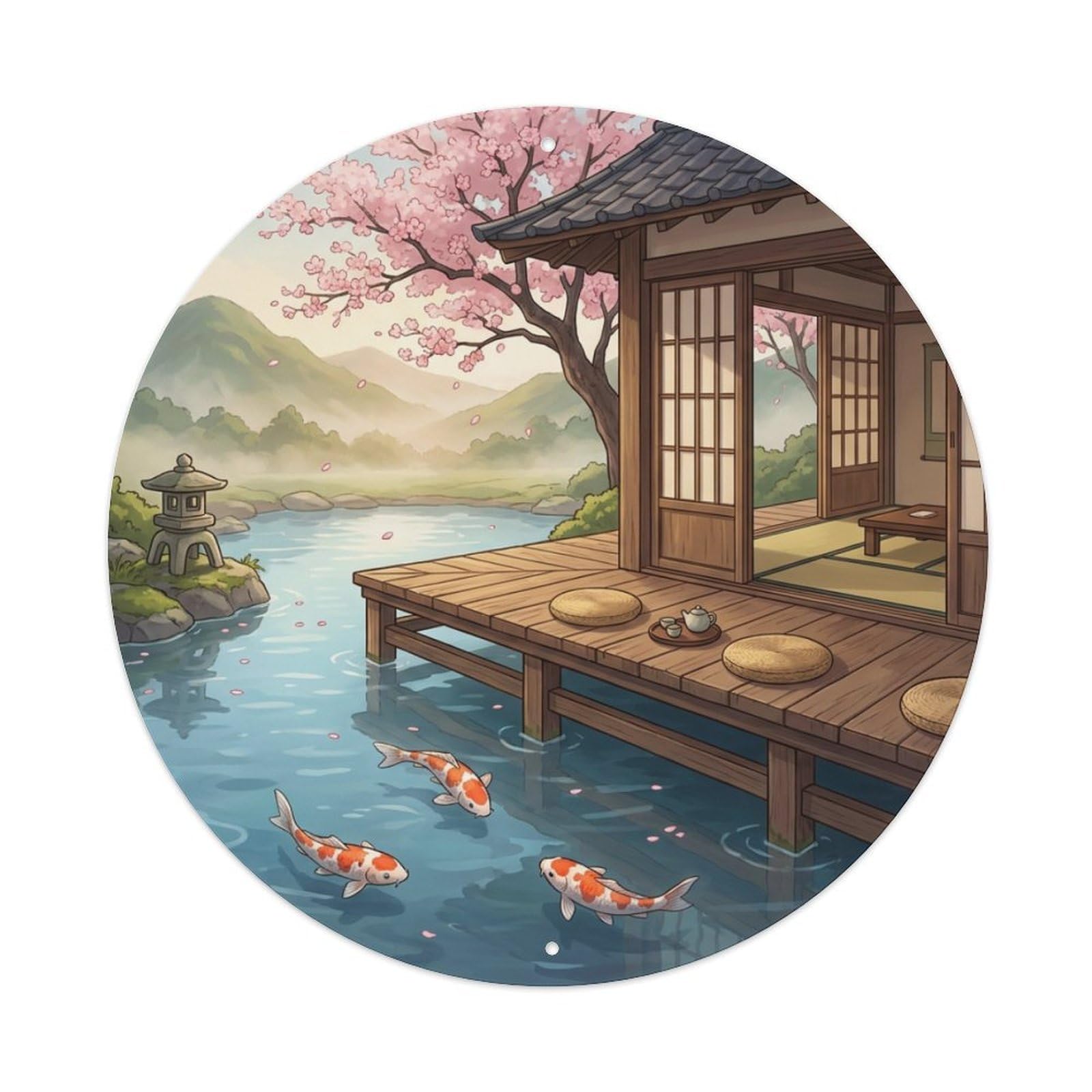 Galvaxio Style Japanese Koi Fish Wooden Deck Peaceful View 1 Metal Tin Sign