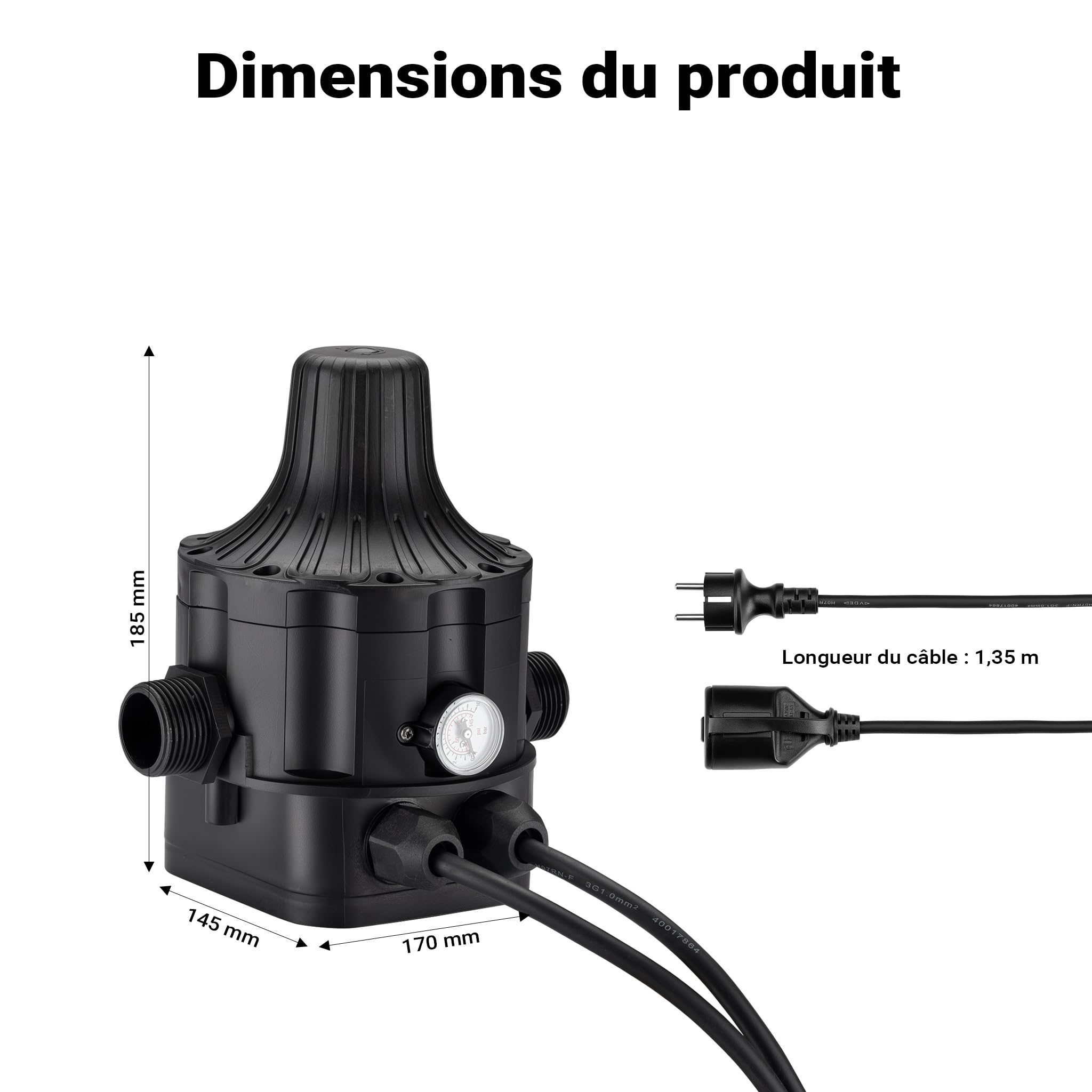 Wiltec Pressostat EPC-5 avec 2 Câbles – 175 x 185 x 150 mm – 230 V – 10 bars – Réseaux d’eaux domestiques & Pompes monophasées – Anti-marche à sec
