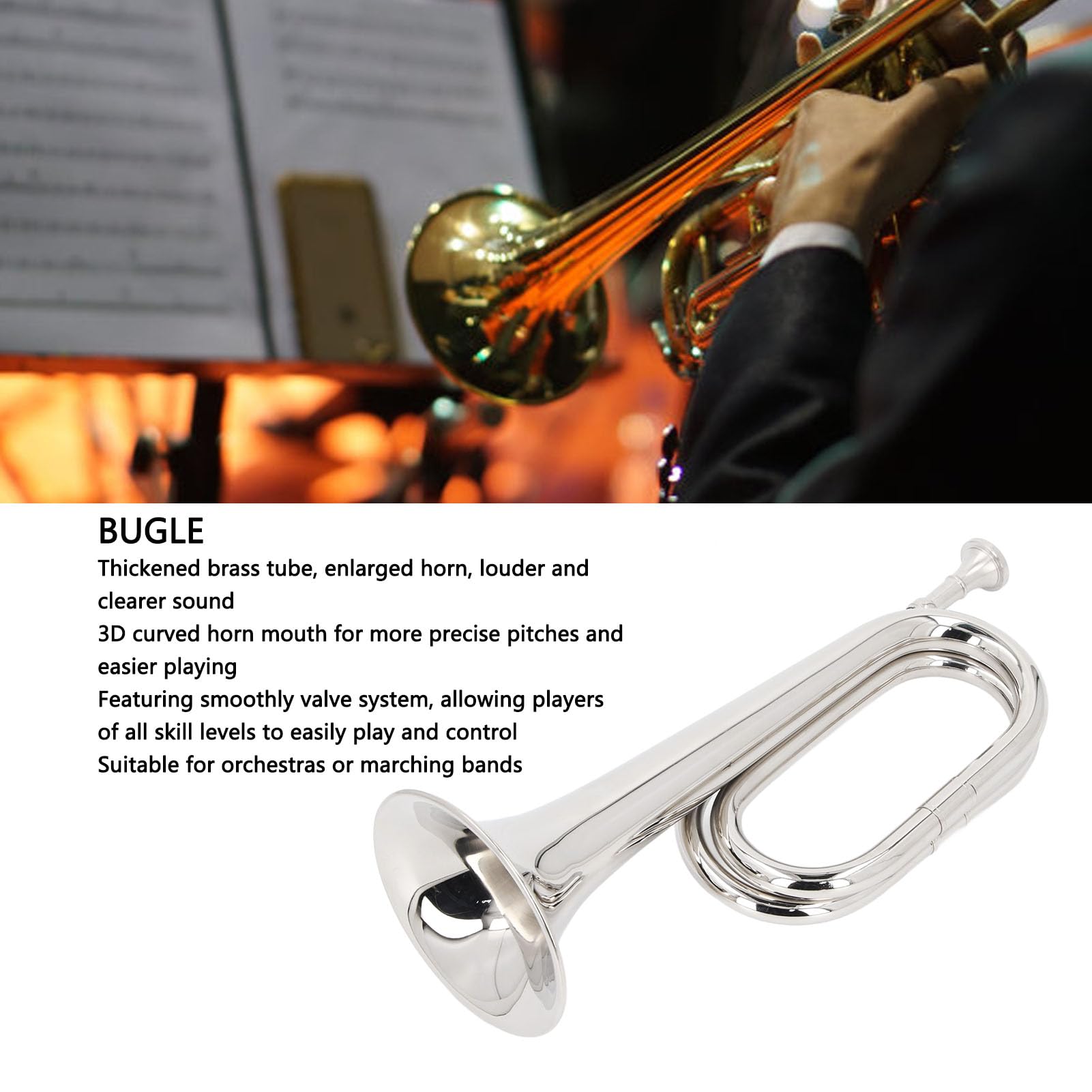 Tromba Militare, Chiave C con Bocchino da 11 Cm di Diametro, Altezza 34 Cm, Tromba in Ottone Argentato per Banda Musicale Dell'orchestra