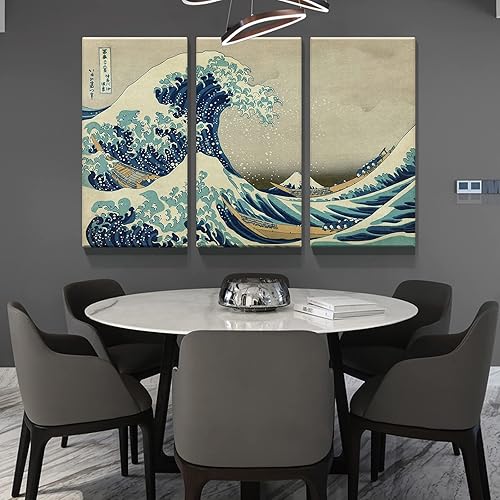 Miniatura 5 de Denozer - Lienzo decorativo para pared de 3 piezas - La gran ola de Kanagawa pintura al óleo de Reproducción Giclée, impresiones en lienzo estiradas