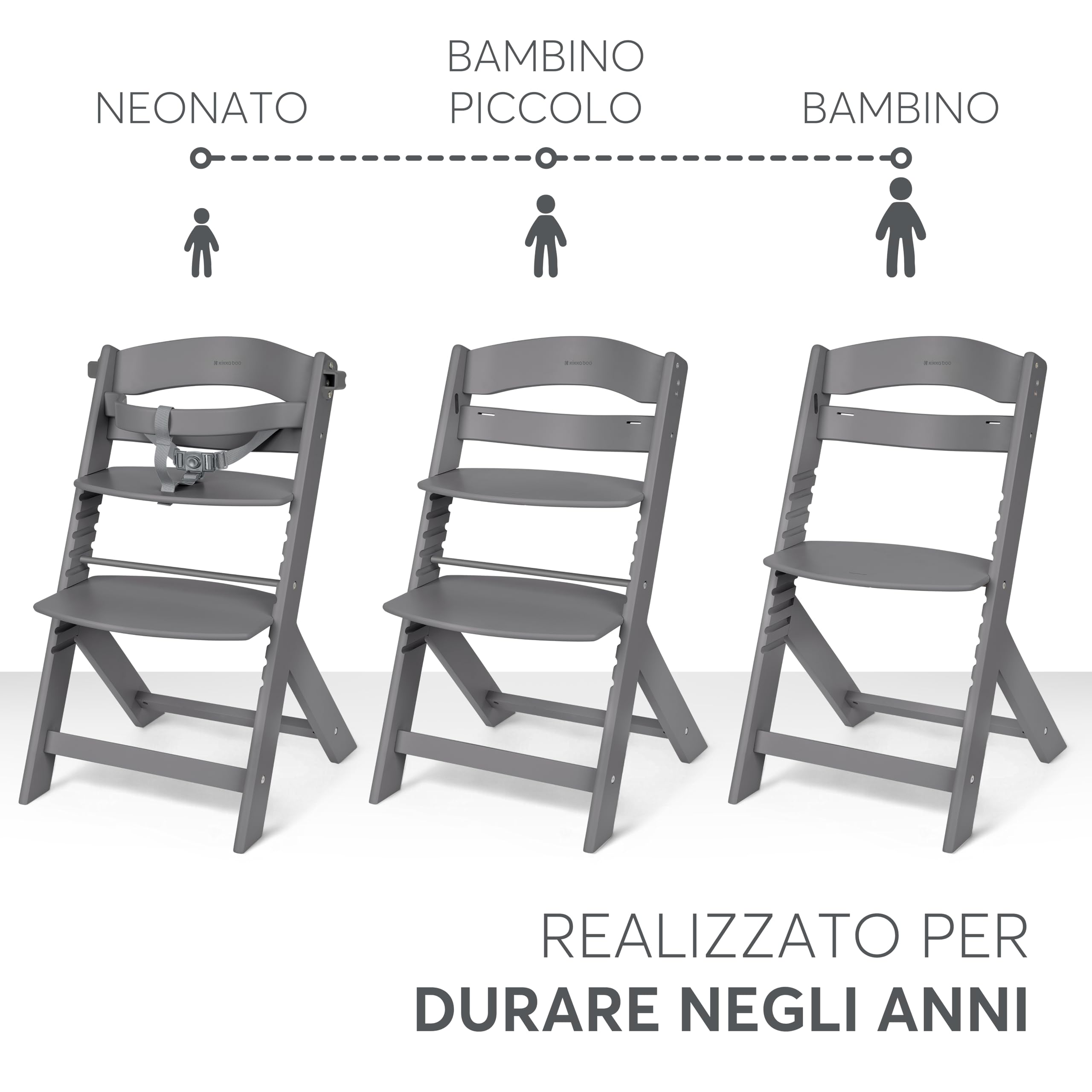 KikkaBoo NORDY Seggiolone in Legno per Bebè, Sedia Regolabile fino a 35 kg, Struttura in Faggio, Vassoio Rimovibile, Seduta e Poggiapiedi Regolabili, Barra di Sicurezza,Cintura a 3 Punti, Grigio Scuro