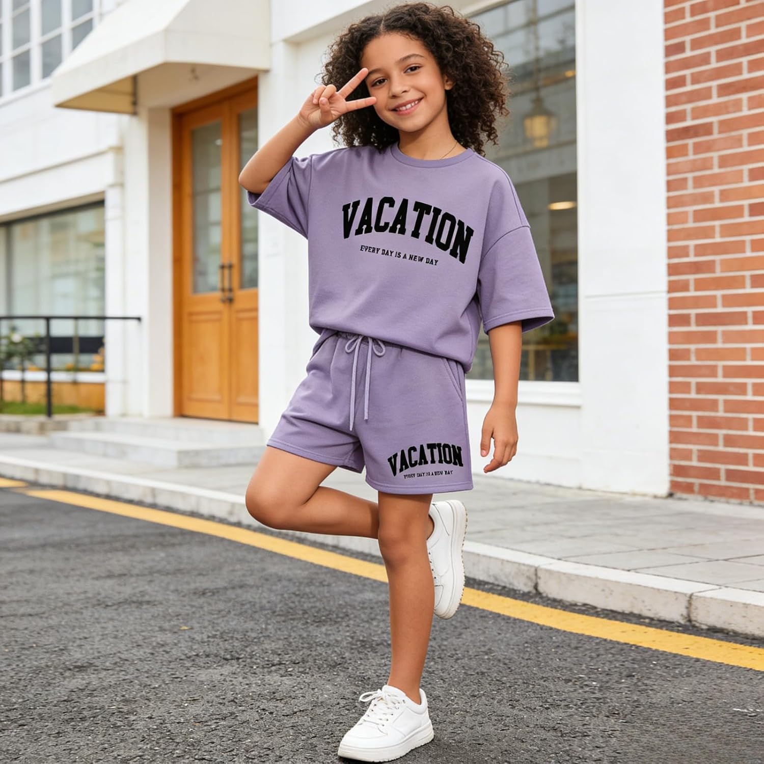 Size 6-12 Years Girl's Tracksuit Sets 2 Piece Outfits Letter Print Vacation Tee Top and Drawstring Waist Shorts - Image 2