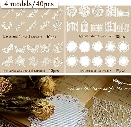 Miniatura 2 de 40 piezas de hojas de papel de recortes de encaje, marco, flores, mariposa blanca recortada, papel decorativo, papelería de papel para manualidades