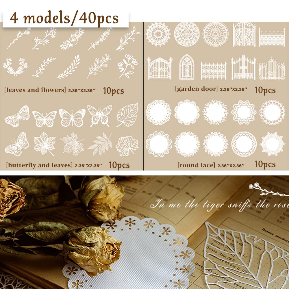 DREMISI Lot De 40 Fournitures De Scrapbooking Vintage En Dentelle Et Papier De Scrapbooking - Découpe De Cadre En Forme De Fleur - Fournitures De Journal Intime Esthétiques (dentelle Et Fleur