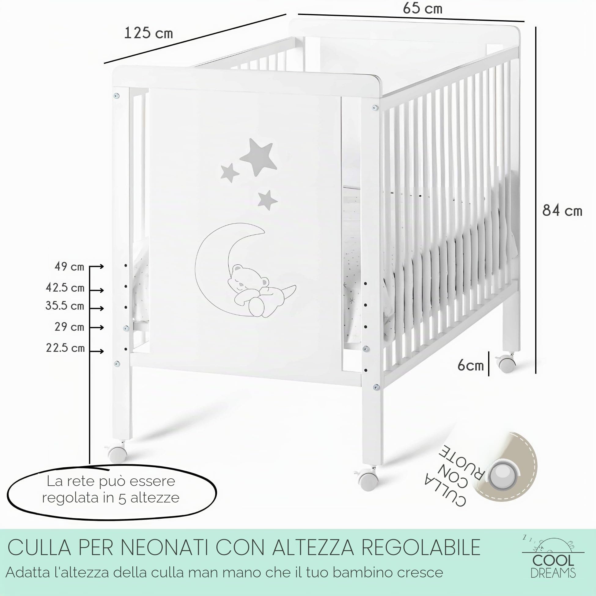 COOL · DREAMS - Indi, Lettino per neonato + kit completo + materasso HR + 4 ruote + tessile
