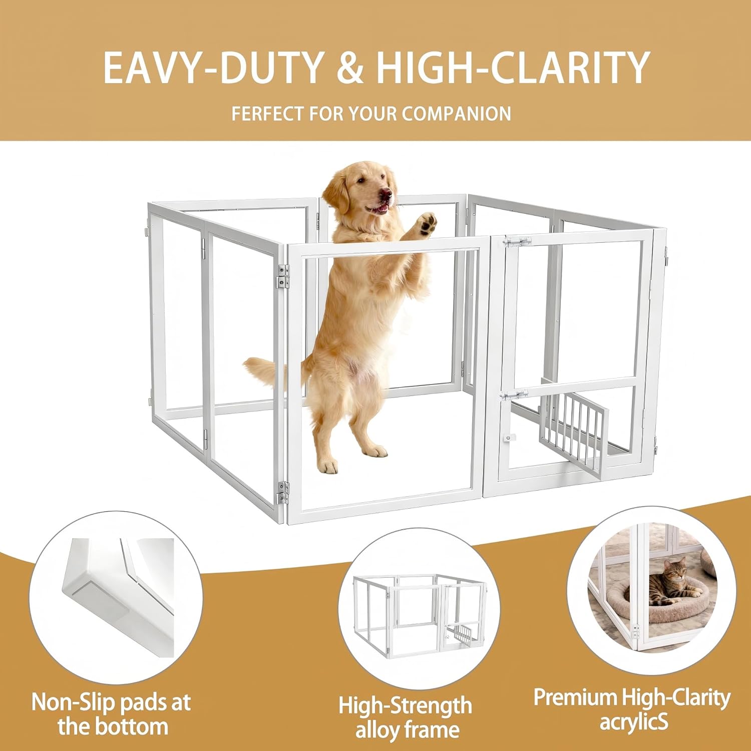 Acrylic Dog Playpen with Door, 27.9“ Height, Heavy Duty Clear Pet Pen, Dog Fence Crate Kennel Whelping Cage, Ideal for Small to Medium Dogs, Cats, and Other Small Pets (White)