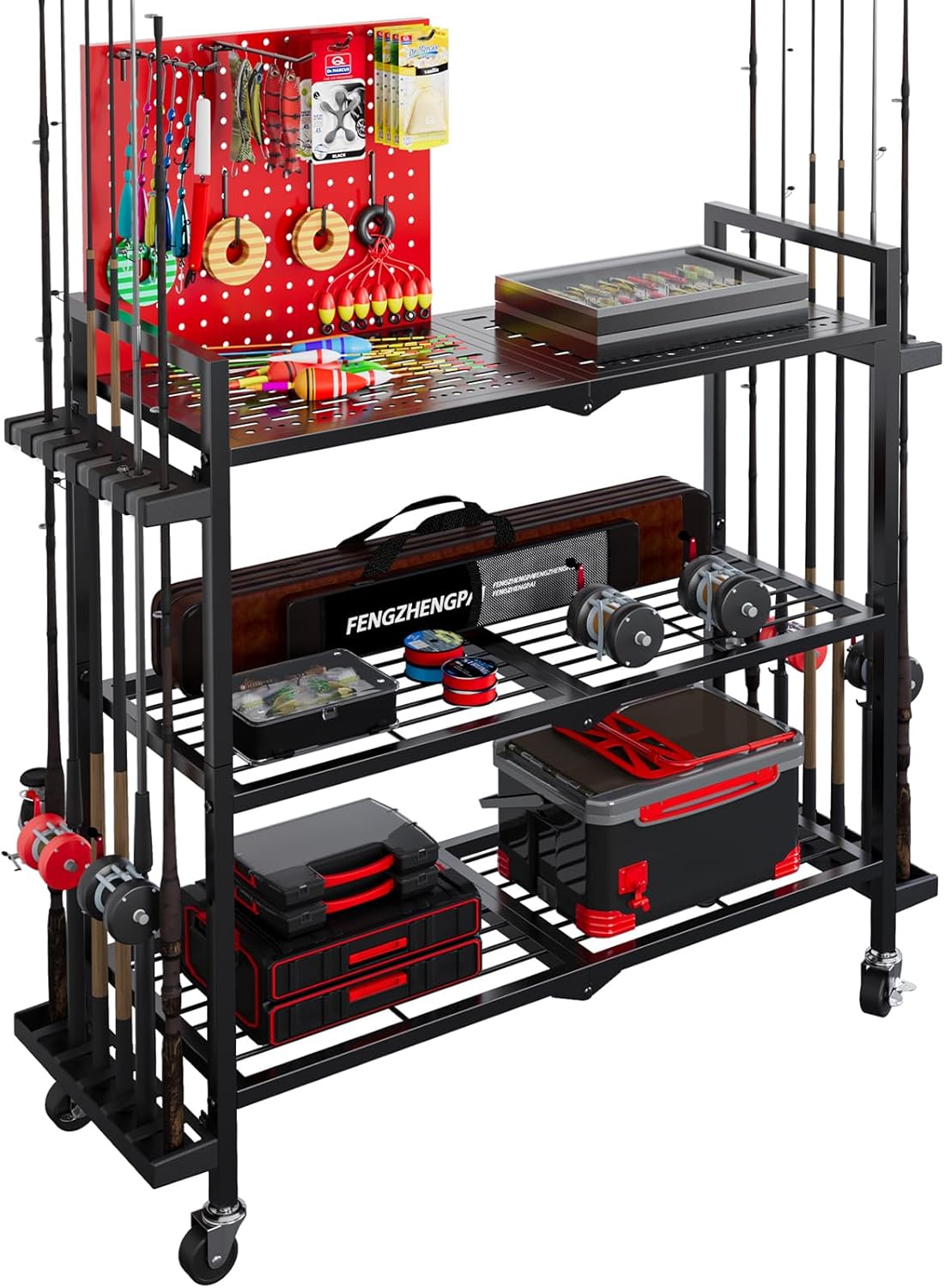 Fishing Rod Holders for Garage, Fishing Rod Stand with Wheels and Pegboard, 3-Tier Pole Storage Rack with 12 Rod Slots, Ideal for Tackle, Backpacks, and Gear Red