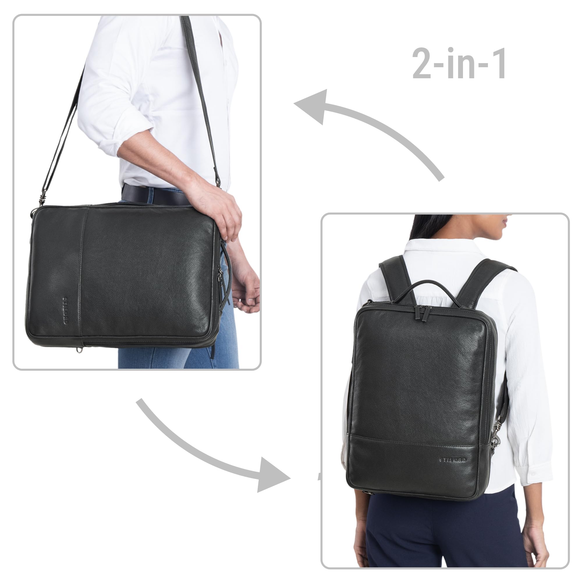 STILORD Dash Praktischer 2 in 1 Rucksack Leder XL Laptoptasche 15-16 Unisex Multifunktionstasche Umwandelbar Echtleder Aktentasche Business Anti Diebstahl Umhängetasche Farbe:Obsidian schwarz