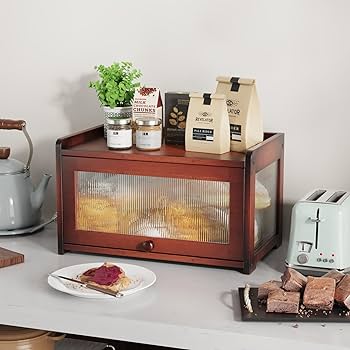 BAMBANG Bamboo Bread Bins For Kitchen, Wooden Bread Box Storage Container Box With 3 Sides Wavy