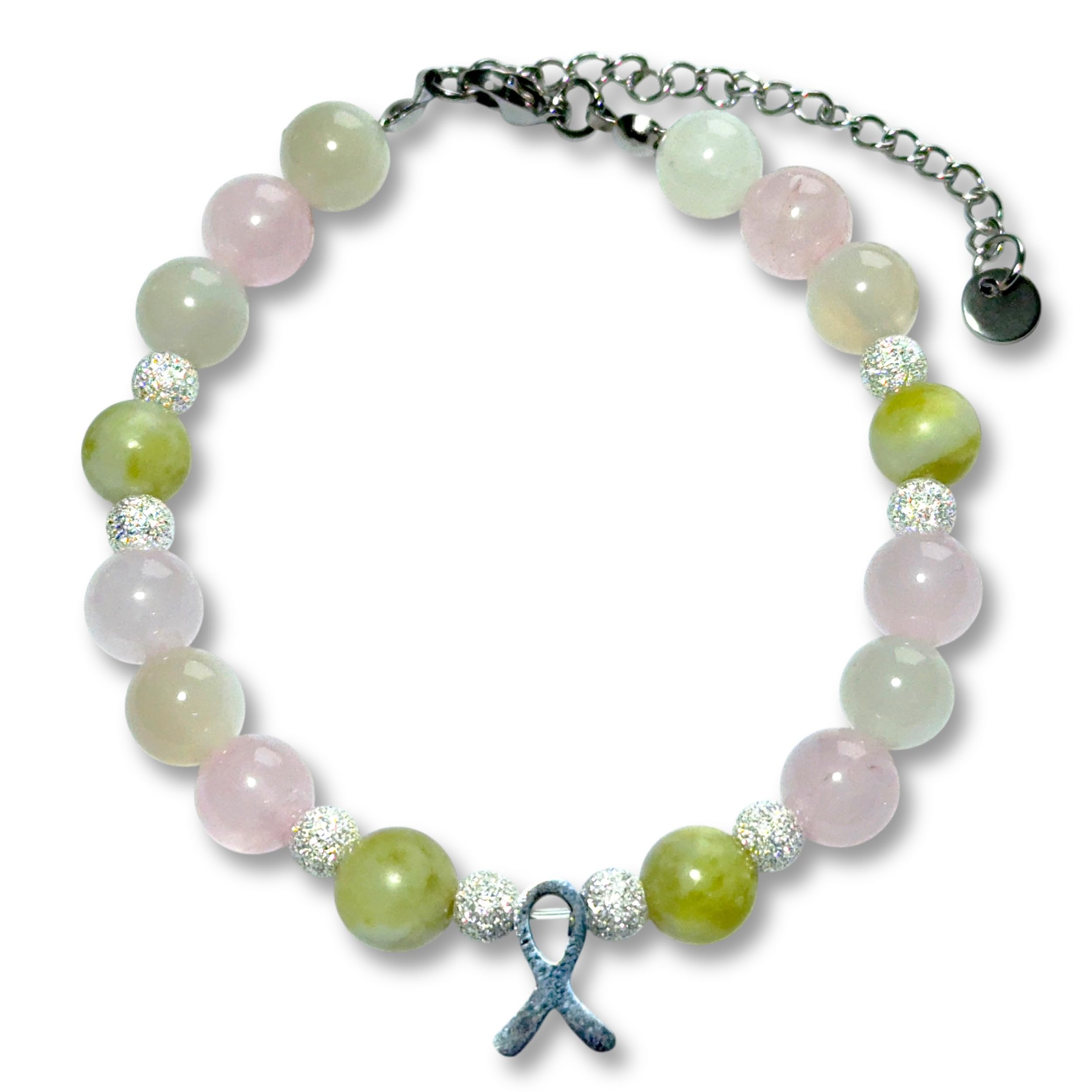 Edelsteinarmband Krebs aus Peridot, Mondstein & Rosenquarz mit Edelstahl-Krebsschleife - größenverstellbar - Glücksbringer - Handmade