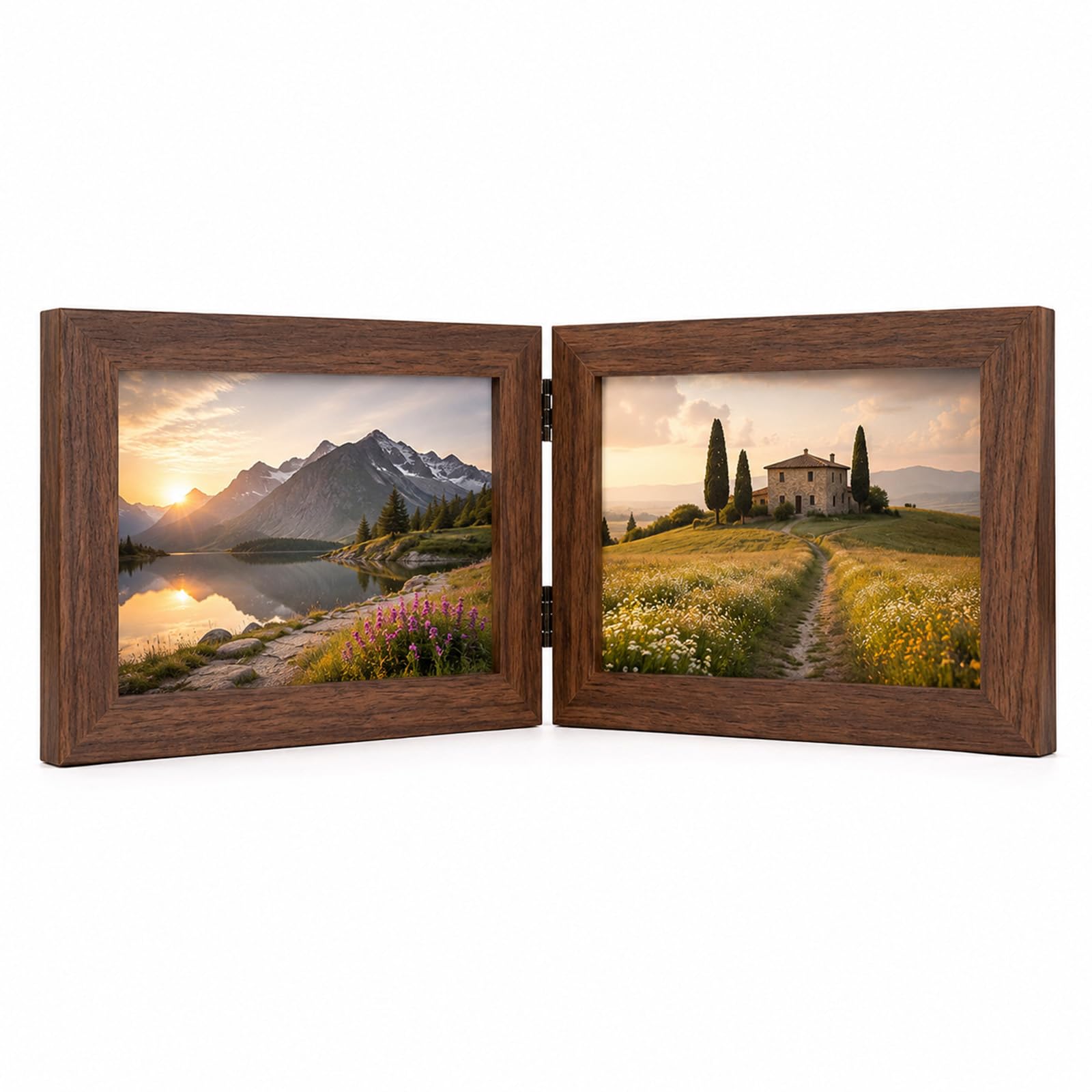 Double Photo Frame 6x4, Walnut-Colour Hinged Frame, Tabletop Display Stand