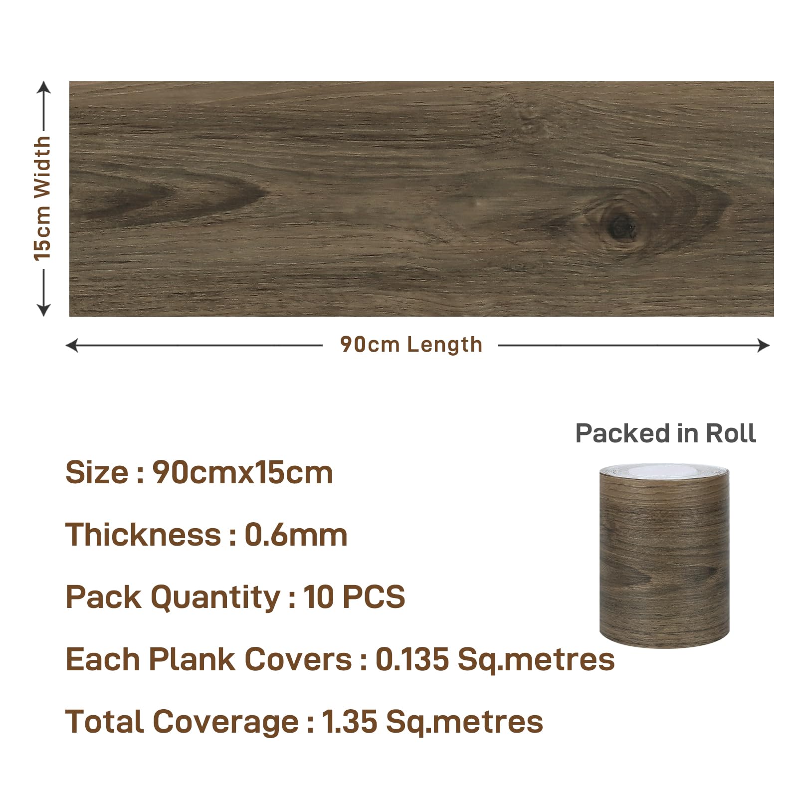VaryPaper PVC Flooring Wood Look Brown 90 cm x 15 cm Pack of 10 Vinyl Flooring Self-Adhesive Floor Tiles Bathroom Linoleum Flooring Venyl Flooring Click Self-Adhesive Floor Tiles Living Room