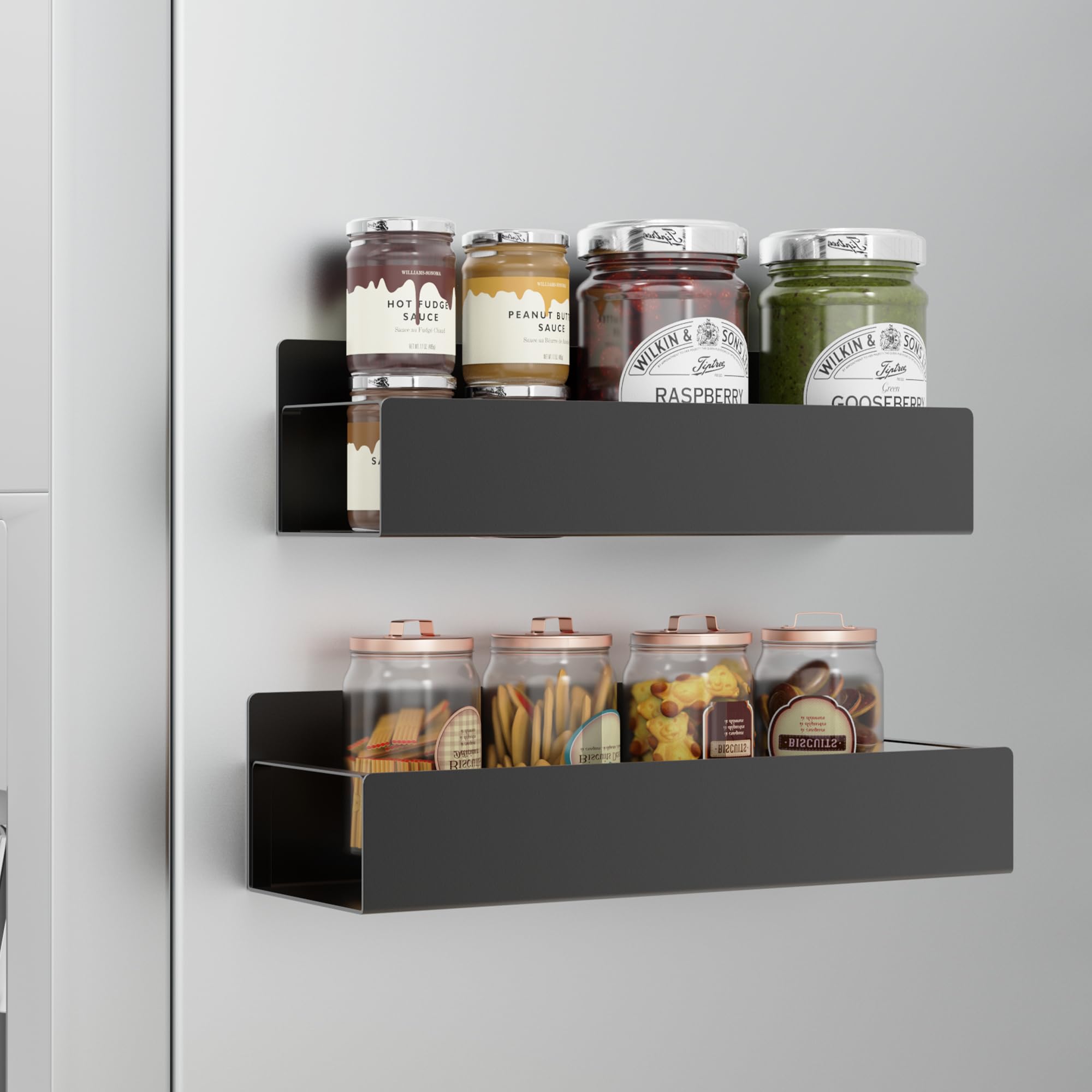 Magnetic Spice Rack for Refrigerator, 2 Pack Moveable Fridge Magnetic Spice Racks, Strong Metal Magnetic Shelves for Refrigerator and Microwave Oven, Black