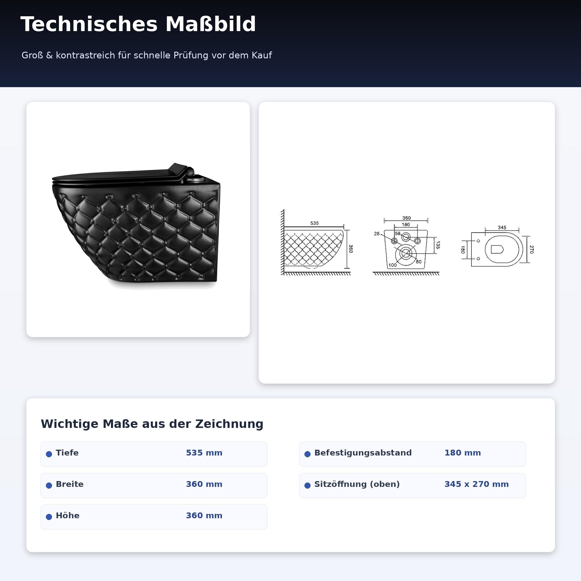 Hänge-WC Wand-WC Set Schwarz Matt - Design Tiefspüler aus Keramik mit Sitz | Spülrandlose Hänge-Toilette mit Absenkautomatik. Komplettset inkl. Schallschutz & reinigungsfreundlicher Nano-Beschichtung.
