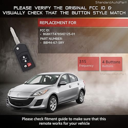 Miniatura 5 de StandardAutoPart Llave de repuesto con control remoto sin llave compatible con Mazda 3 6 MX-5 Miata Flip Key BGBX1T478SKE125-01 (unidad completa)