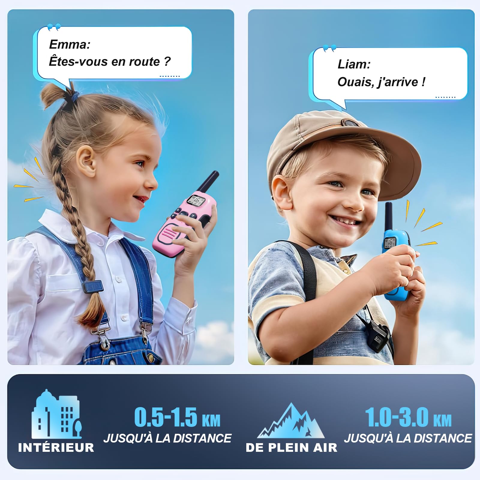 Talkie Walkie Enfants Rechargeable, Lot de 2 Longue Portée 3 KM Talkies-Walkies, 16 Canaux VOX et Lampe Torche, pour Jeux en Extérieur, Camping et Randonnée, Jouet Cadeau pour Filles et Garçons
