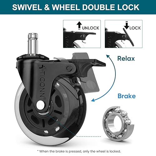 Vista 21 de TICONN Juego de 5 ruedas giratorias para silla de oficina, para azulejos, pisos de madera dura y alfombras, ajuste universal para la mayoría