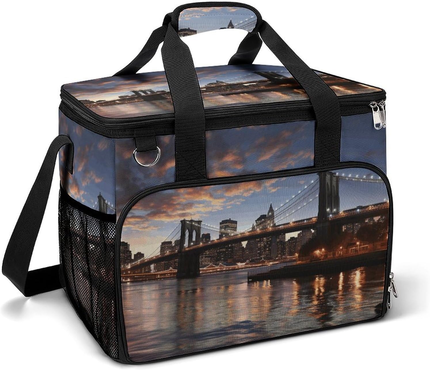Insulated Picnic Backpack Tote Bag, Large Capacity 30L New York Bridge Cooler Bag Leakproof Beach Bags Portable Lunch Box Waterproof Picnic Basket for Beach Camping BBQ