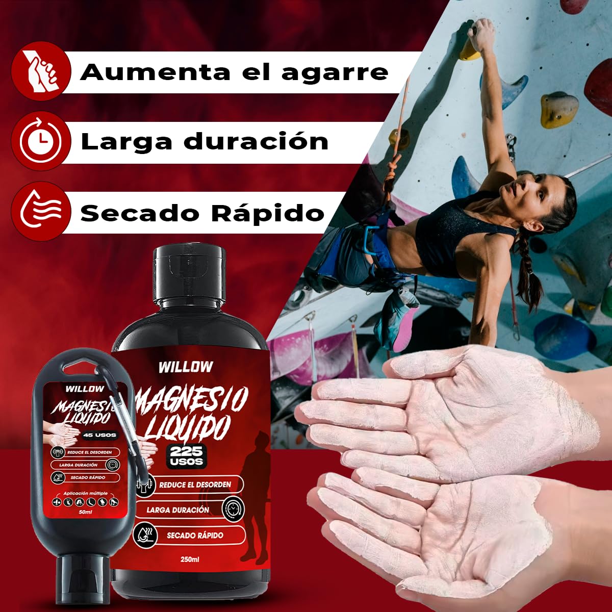 Willow ® Magnesio Líquido 250ML + 50ML | Magnesio Escalada | Tiza Líquida | Agarre Crossfit | Liquid Chalk | Calistenia Gym Halterofilia Padel Manos
