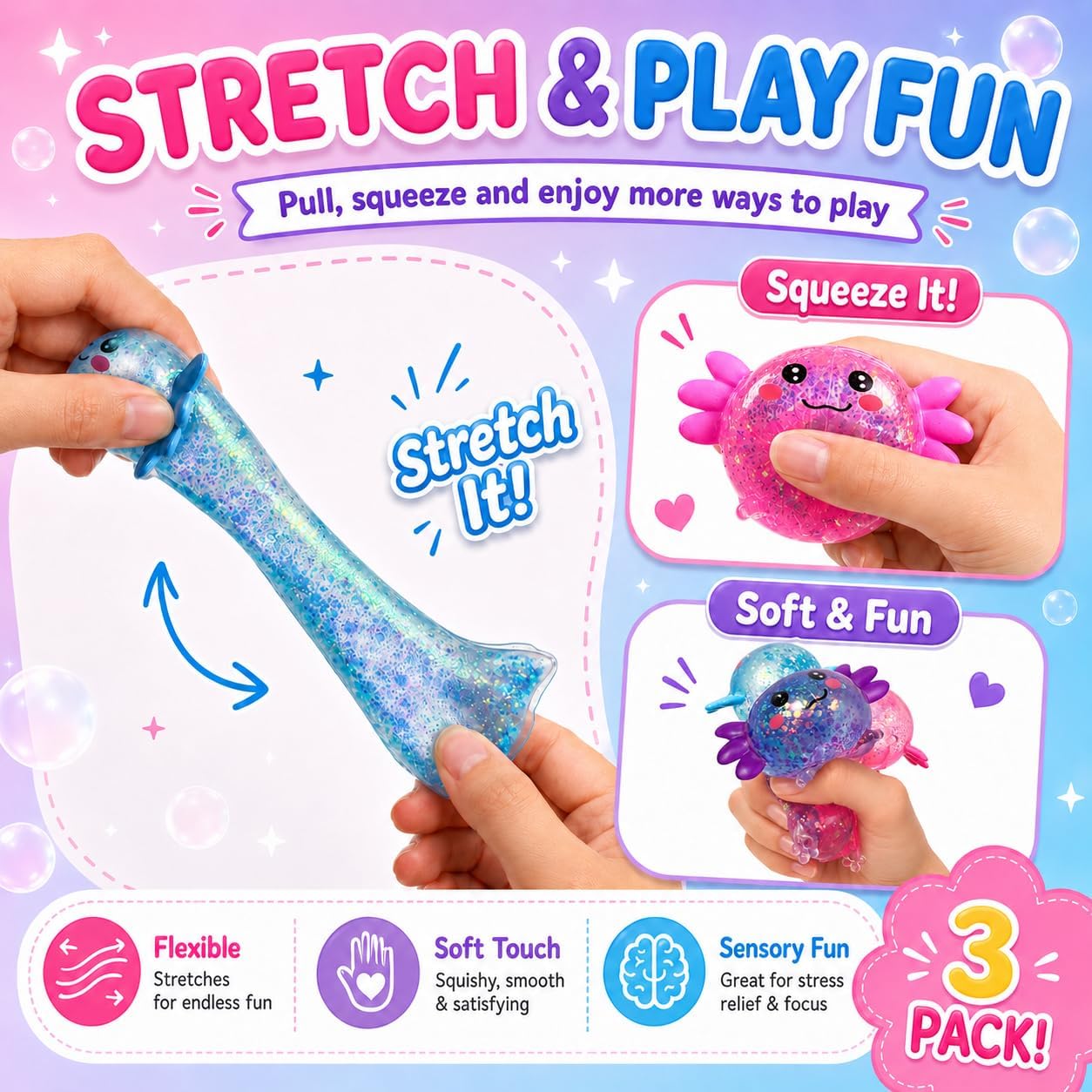 Axolotl Squishy Stress Relief Cute Glitter Squishes Axolotl 3 Pack image 4