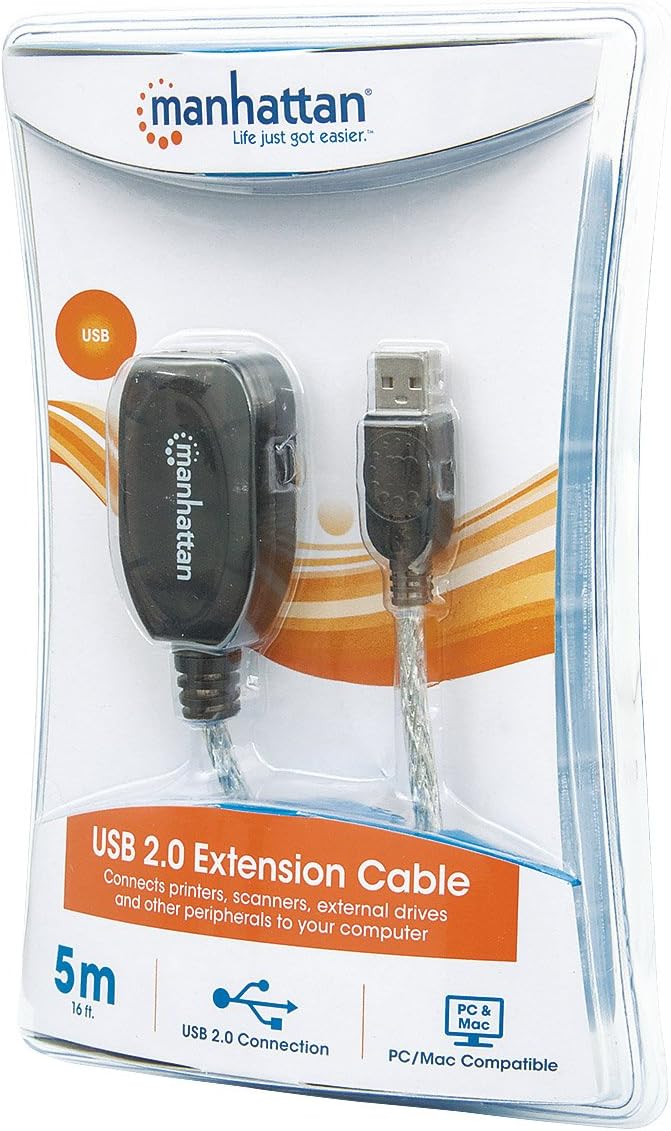 Manhattan USB Extension Cable – 16 Feet Long Length - A-Male to A-Female Adapter Active Extension Repeater Cord - Daisy-Chainable – Signal Extender Booster - Black - 519779