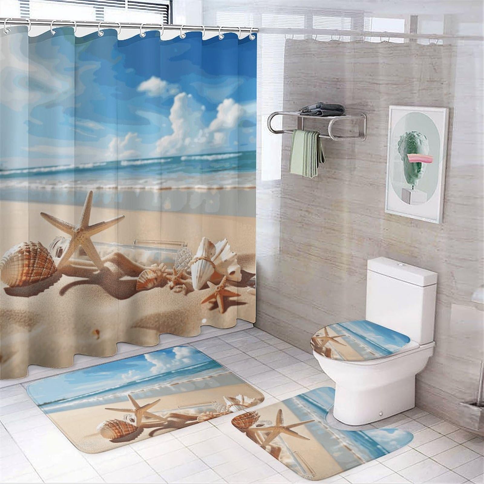 Ensemble rideau de douche bord de mer avec tapis en polaire corail haute densité