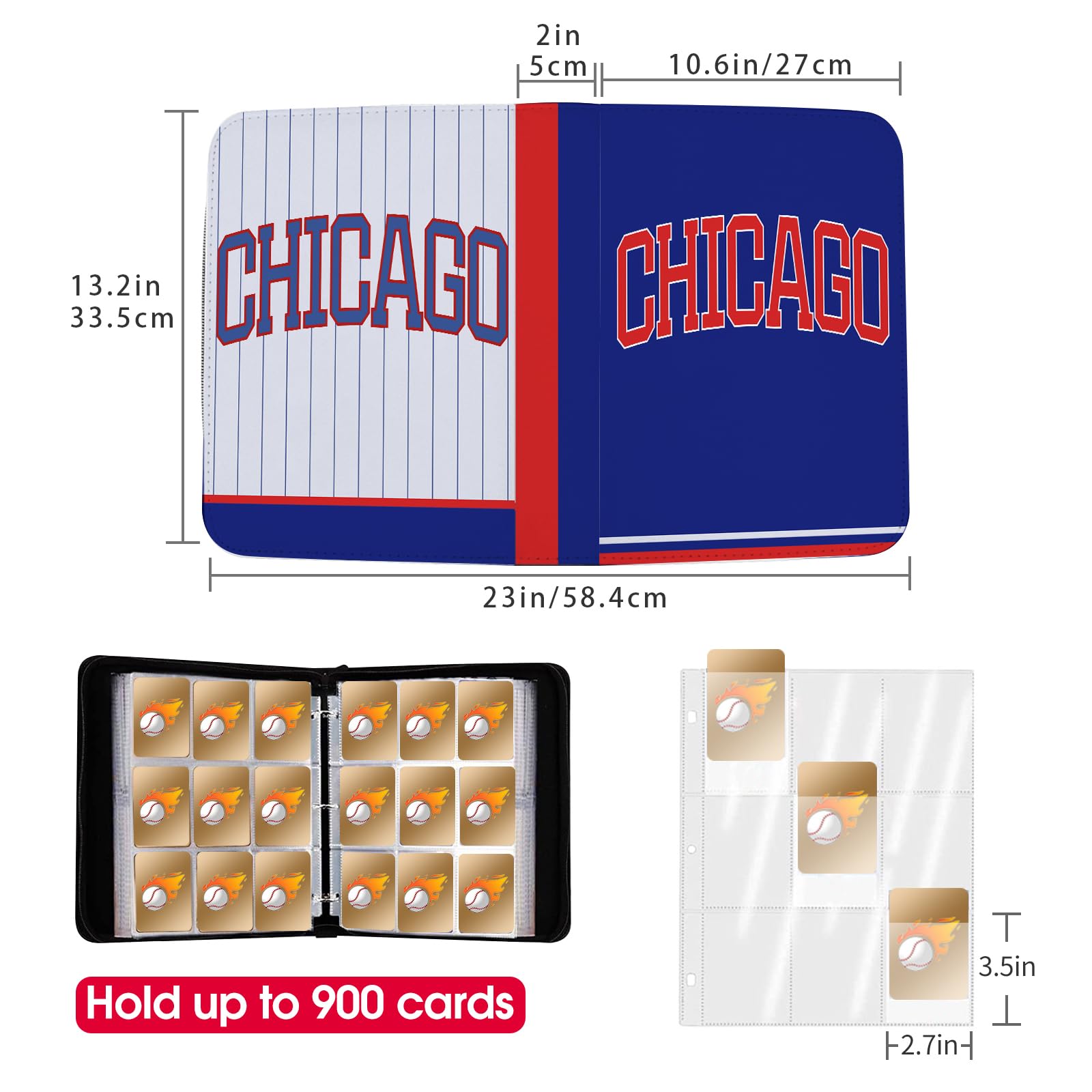 Baseball-Kartenbinder mit Ärmeln, 900 Taschen, Chicago Baseball-Kartenhalter für Sammelkarten, Baseball-Sammler-Album, Sportkarte, 3-Ringbuch, Aufbewahrungsbuch, Ordner, Organizer für Kinder, Geschenk