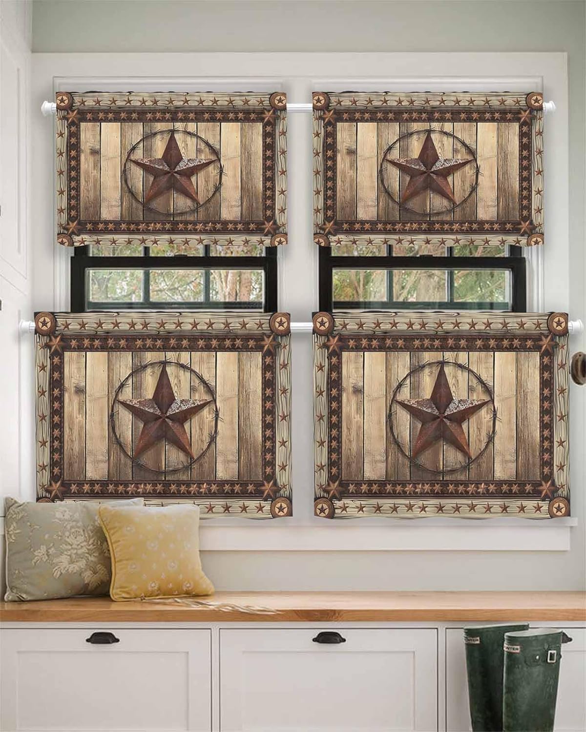 Texas Star Short Blackout Curtains 24 Inch Long Farmhouse Country Star Wood Grain Rod Pocket Kitchen Curtains, 2 Panels Thermal Insulated Room Darkening Drapes for Bedroom, 30" W x 24" L
