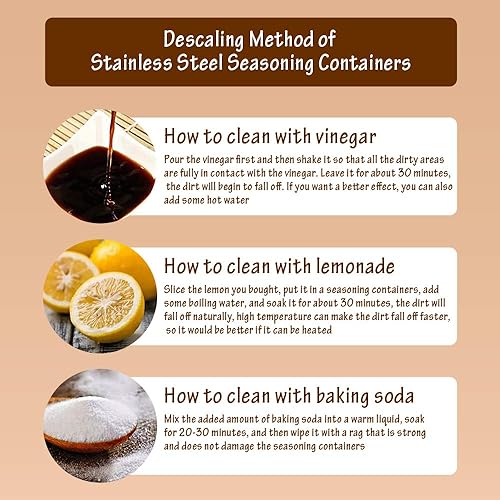 Miniatura 7 de Dahein Tarros de especias de acero inoxidable 304, estantes para especias, contenedores de condimentos con tapas y cuchara, contenedor de sal