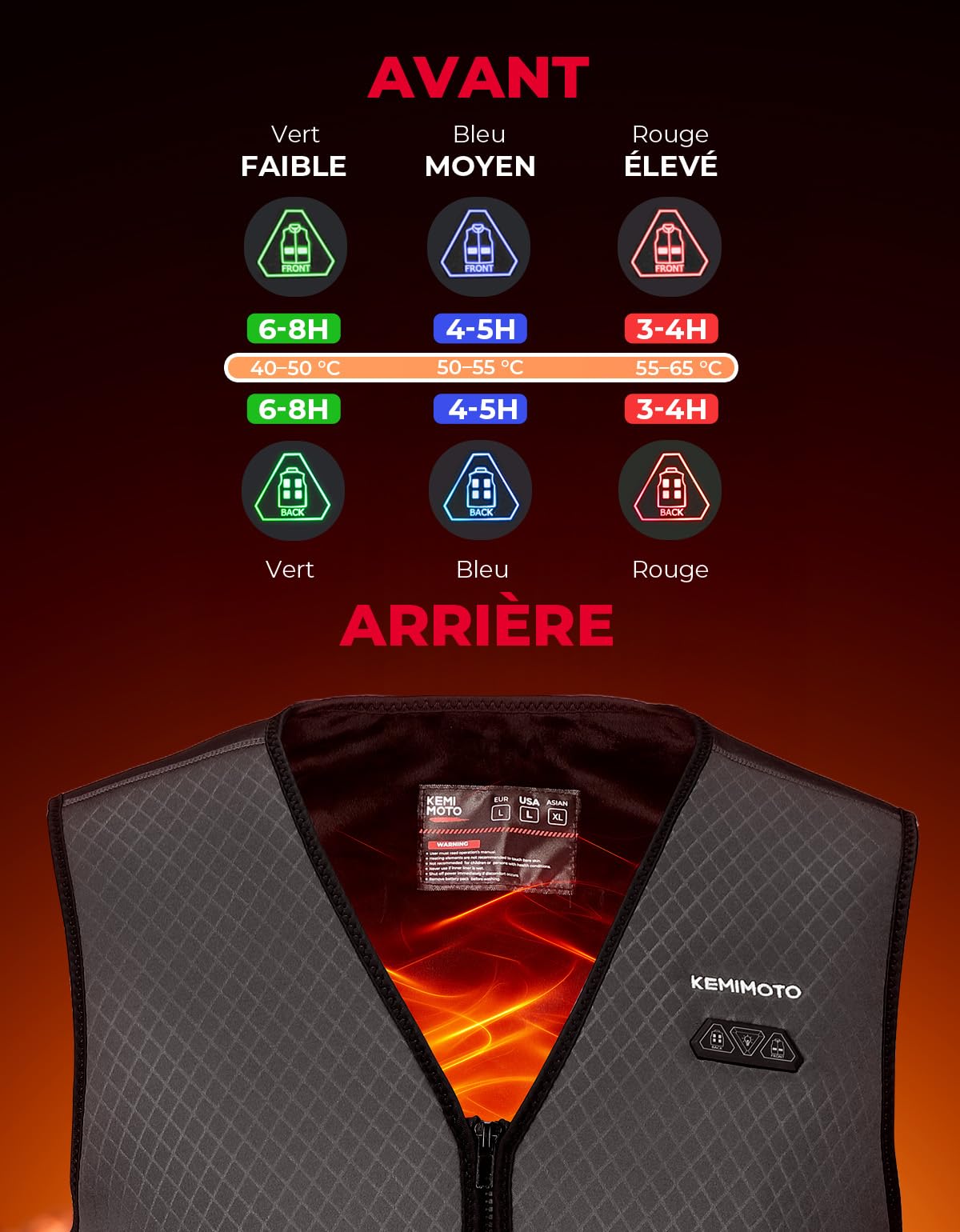 KEMIMOTO Gilet Chauffant Homme, 3 Niveaux de Chauffage et 6 Zones de Chaleur, Tissu de Plongée et Doublure en Velours Cristal pour Ski Pêche et Moto(Sans Batterie)