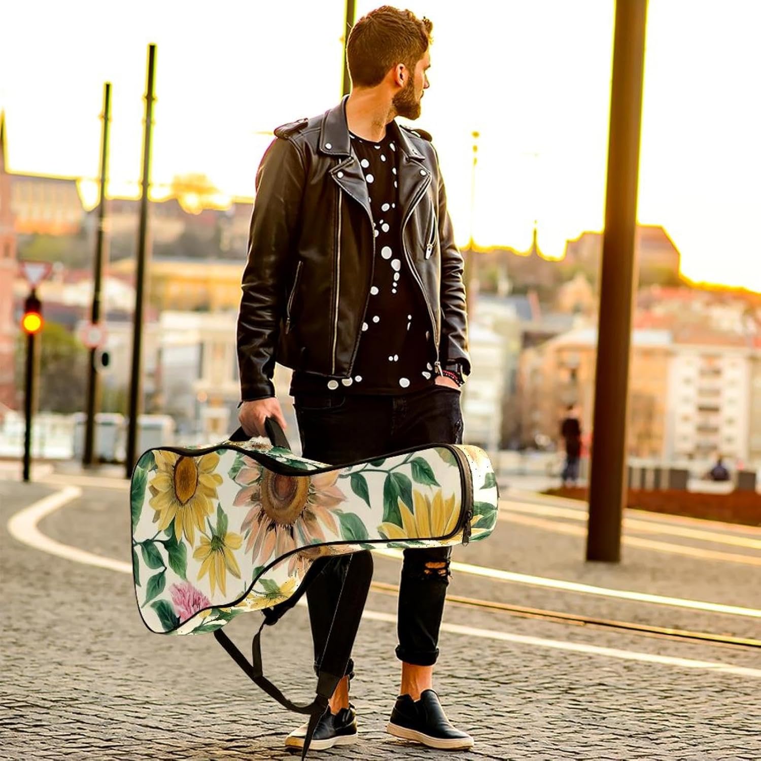 Colorful Sunflowers Guitar Bag 40 41 42 In 2 Pockets Guitar Case Waterproof Guitar Case Resistent Oxford Cloth 0.4 In Extra Thick Sponge Padded for Acoustic Guitar