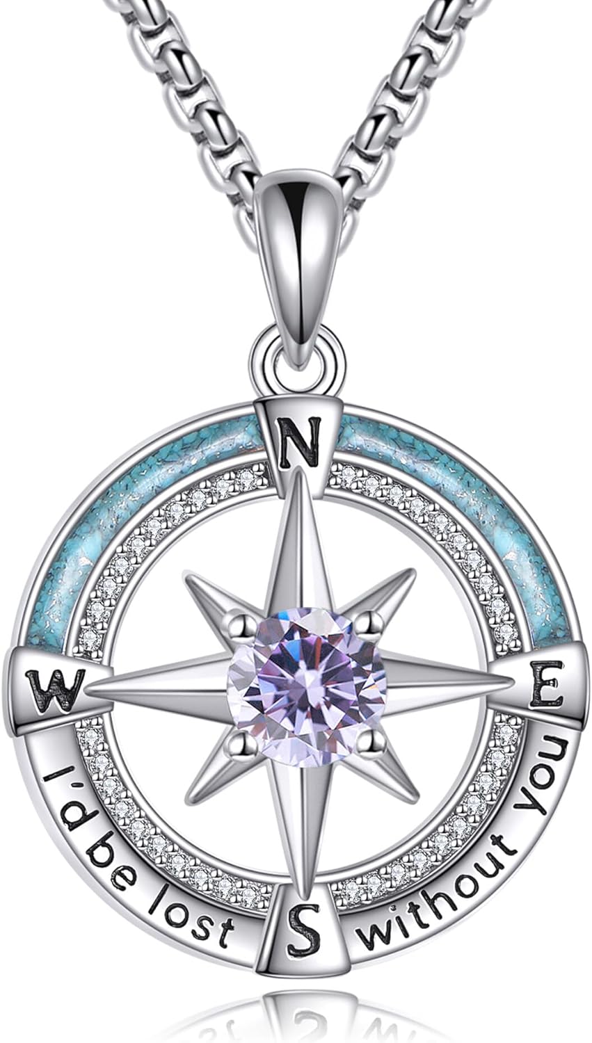 Compass Necklace 925 Sterling Silver Birthstone Necklace Turquoise Compass Pendant Jewelry for Women