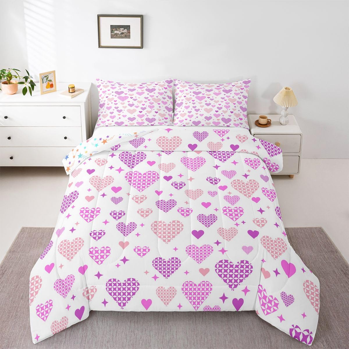 Erosebridal Love and Heart Toddler Bedding Set Cute Heart Pattern Comforter Set for Kids Girls Pink Purple Valentine Comforter Love Geometric Duvet Insert