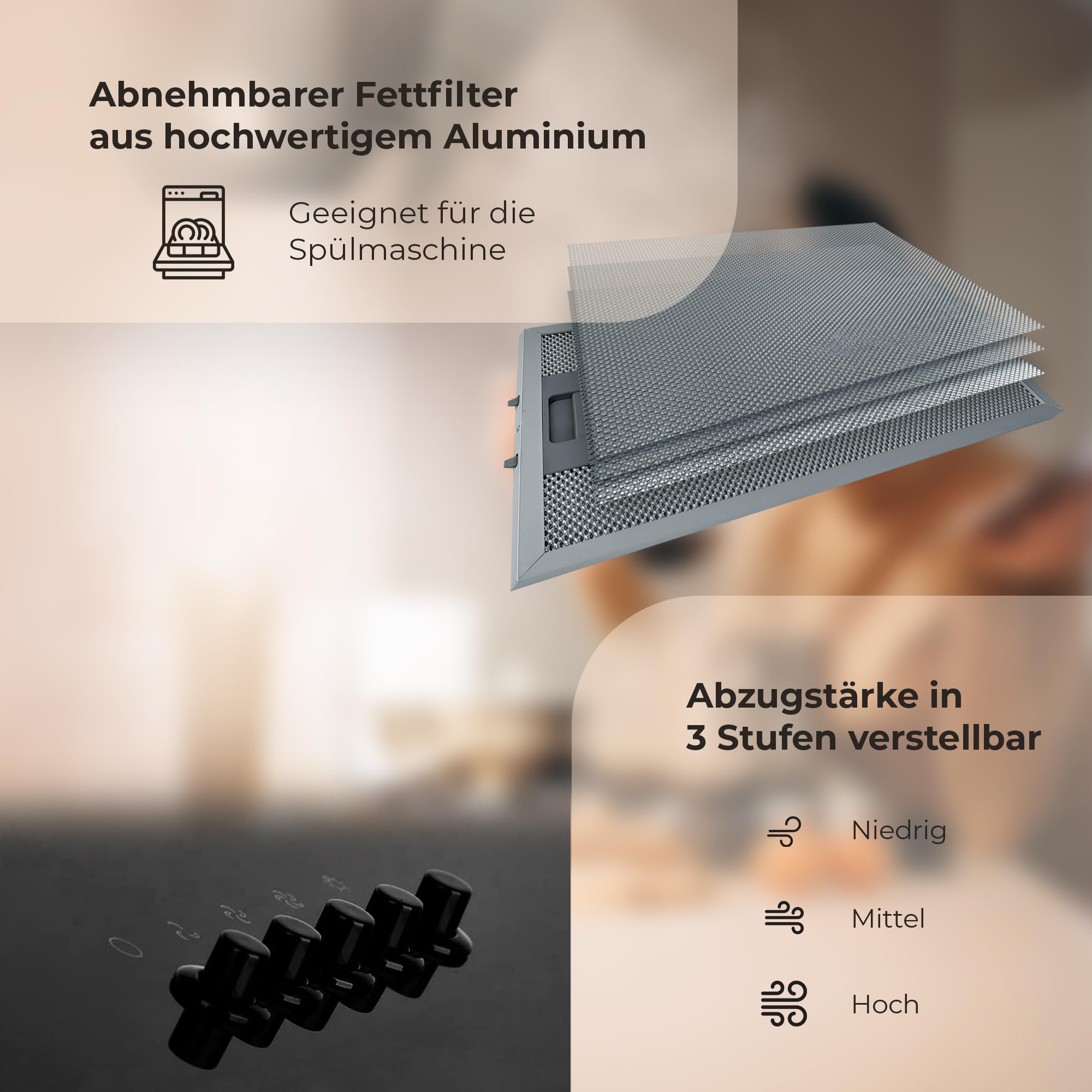 YUNA Dunstabzugshaube DUANA 60 cm Schwarz Glasfront 3 Leistungsstufen Abluft Umluft Kopffrei LED Beleuchtung Ohne Kohlefilter
