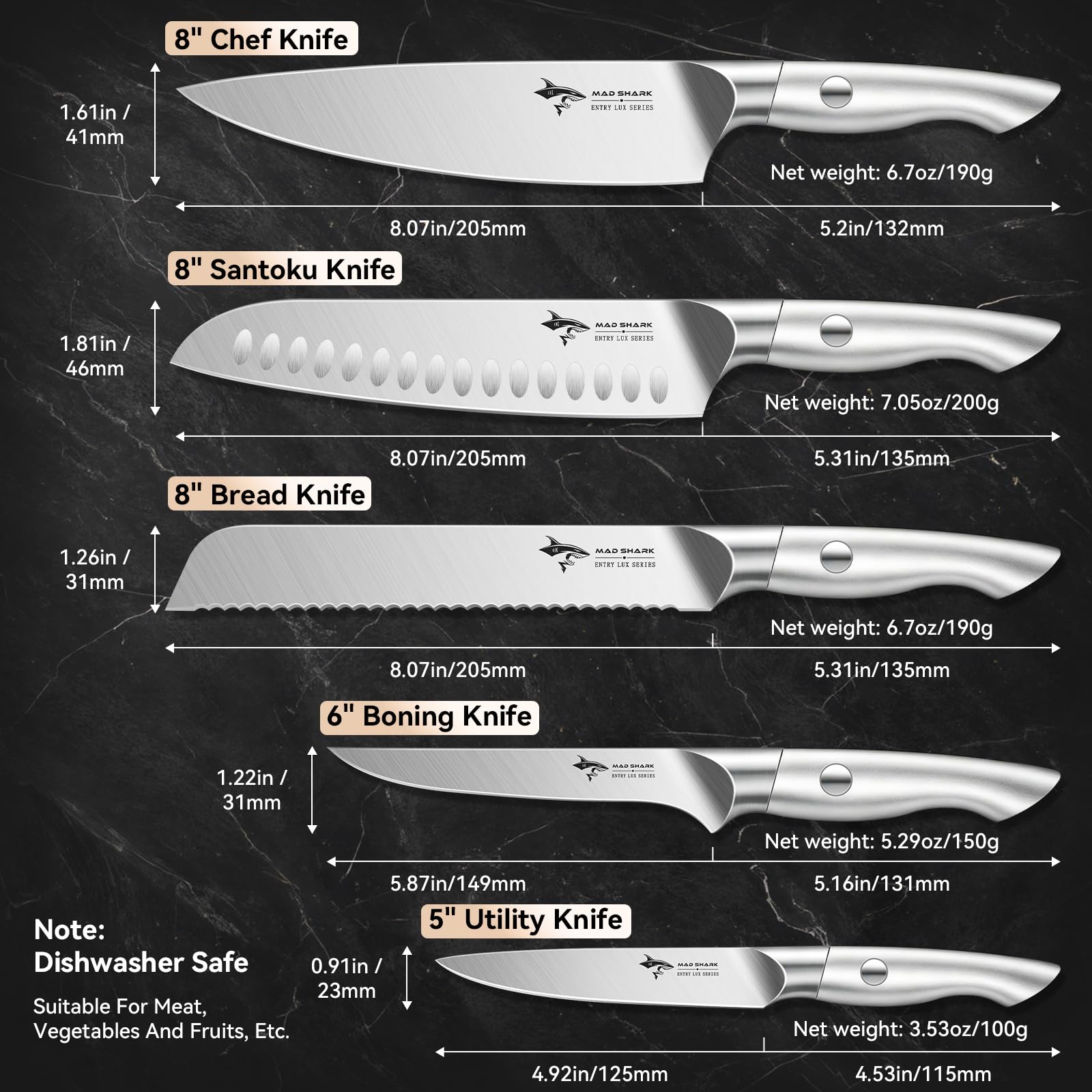MAD SHARK Kitchen Knife Set,5PCS High Carbon Stainless Steel Chef Knife Set — Amazon image 6