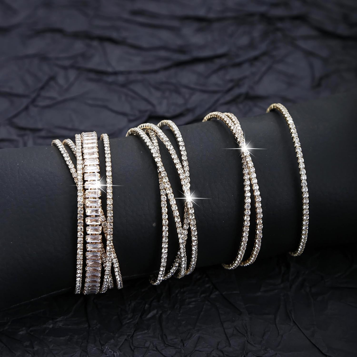 DELUU 4PCS Multi layer Rhinestone Cuff Bracelet for Women,Gold Bangle Set | Shiny Wrist Bangle,Adjustable Rhinestone Statement Bracelet,Gold Plated,Bride and Bridesmaids Cuff,Gift for Women