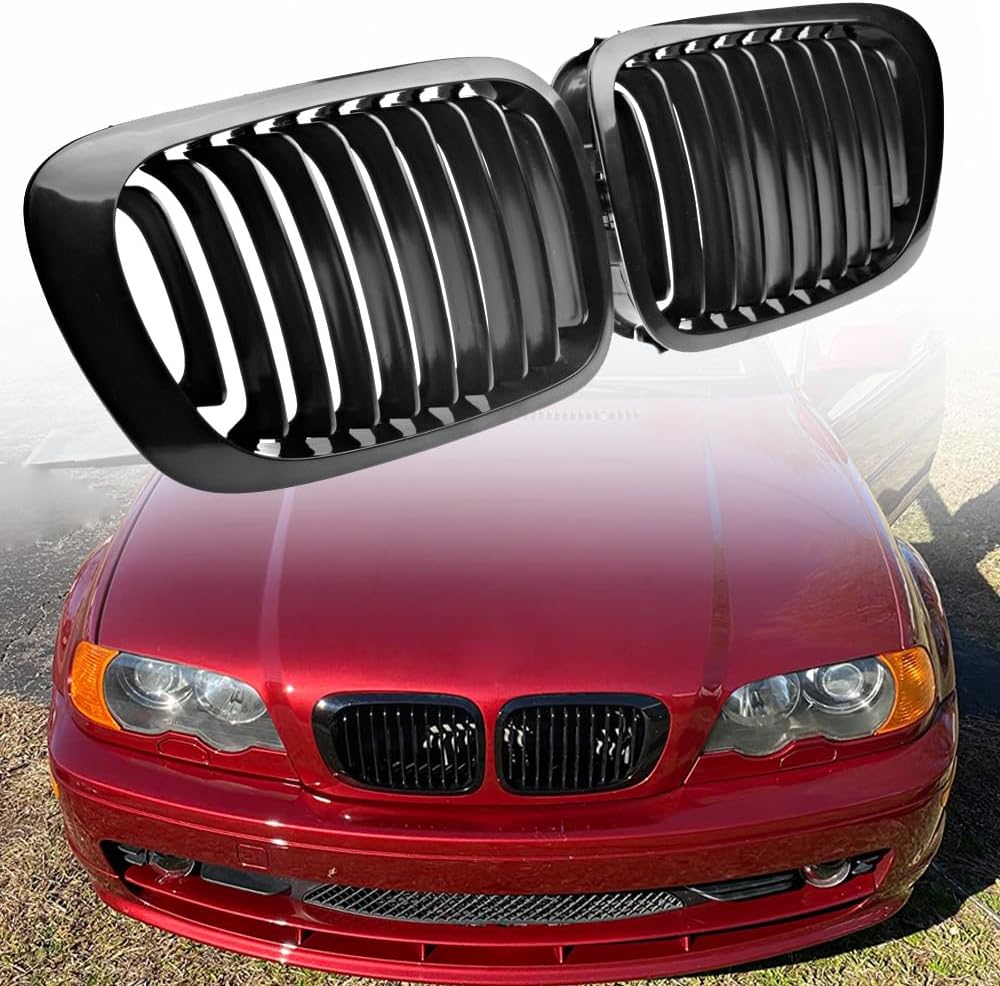Compatible with '99-'02 E46 2-Door Coupe Cabriolet Pre Facelift 2pcs Front Bumper Center Kidney Grille Grill (Glossy Black)